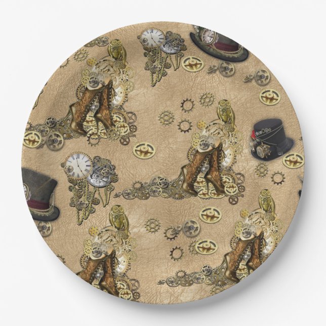 Steampunk Sculptures on Tan Leather Texture Paper Plate (Front)