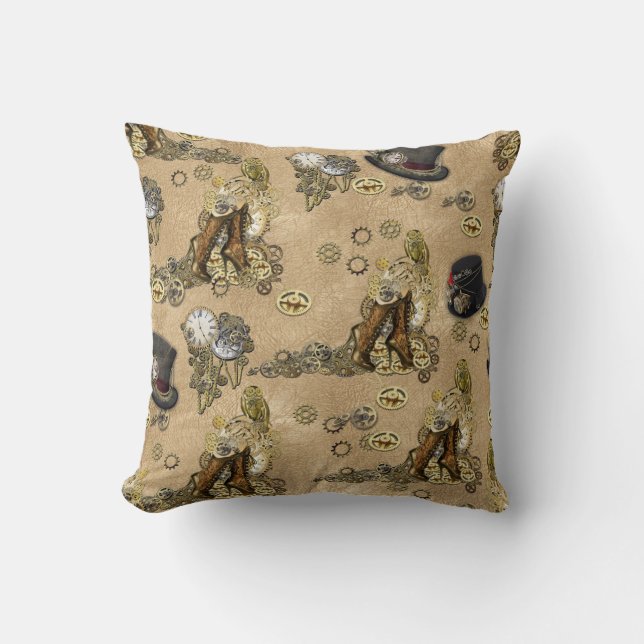 Steampunk Sculptures on Tan Leather Texture Throw Pillow (Front)