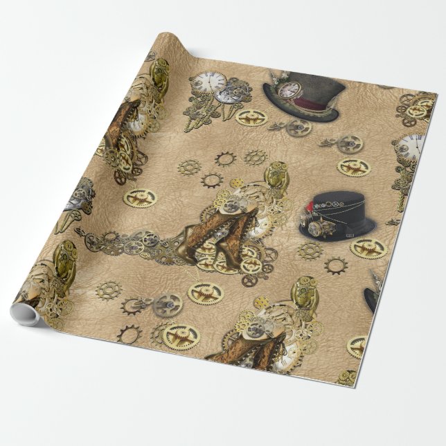 Steampunk Sculptures on Tan Leather Texture Wrapping Paper (Unrolled)