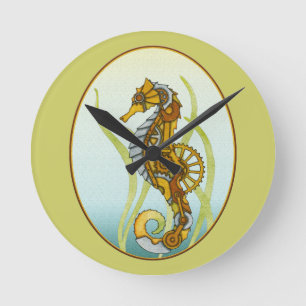 Steampunk Seahorse Round Clock