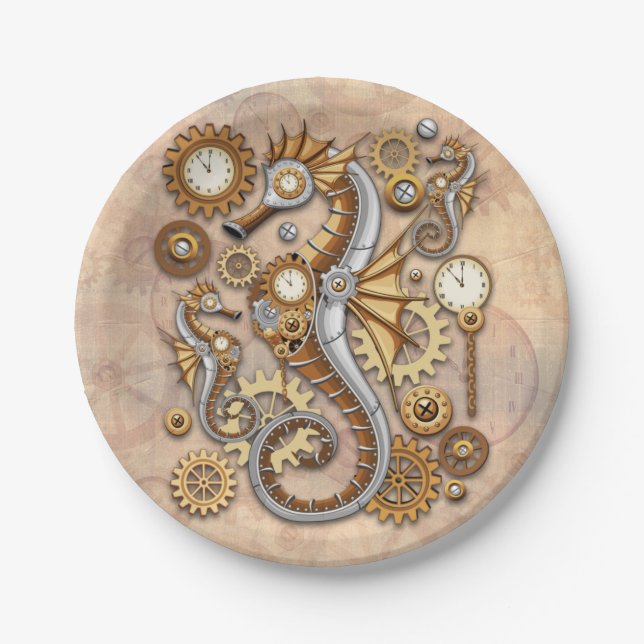 Steampunk Seahorse Vintage Surreal Art  Paper Plate (Front)