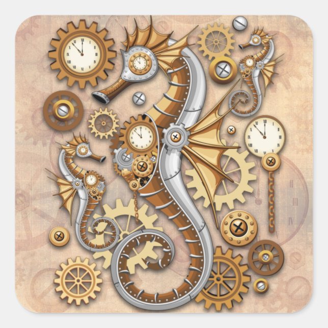 Steampunk Seahorse Vintage Surreal Art  Square Sticker (Front)