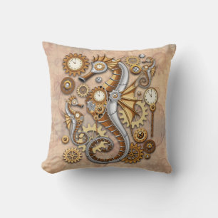 Steampunk Seahorse Vintage Surreal Art Throw Pillow