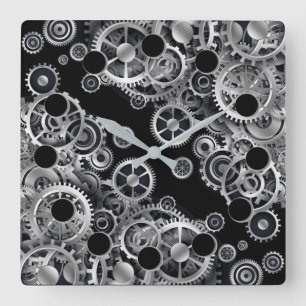 Steampunk Silver Gears 2 Square Wall Clock