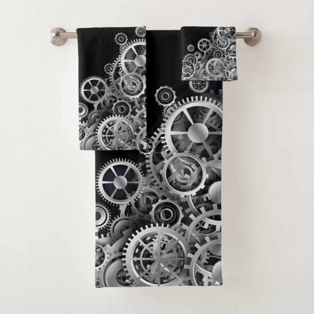Steampunk Silver Gears Bath Towel Set (Insitu)
