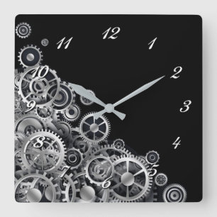 Steampunk Silver Gears Square Wall Clock