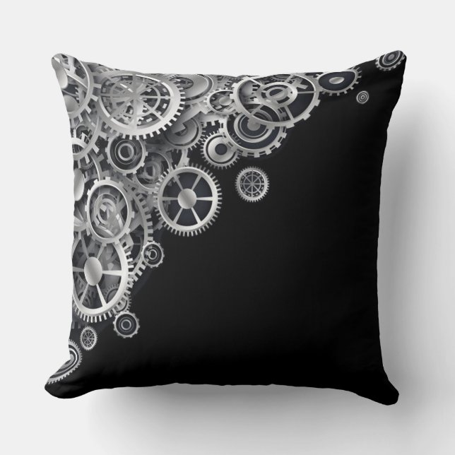 Steampunk Silver Gears Throw Pillow (Front)