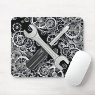 Steampunk Silver Gears & Tools Mouse Pad