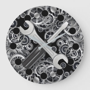 Steampunk Silver Gears & Tools Round Wall Clock