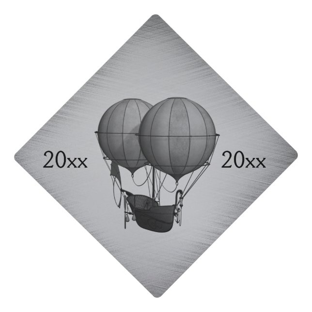 Steampunk Silver Hot Air Balloons with Ship Graduation Cap Topper (Front)