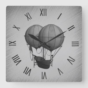 Steampunk Silver Hot Air Balloons with Ship Square Wall Clock