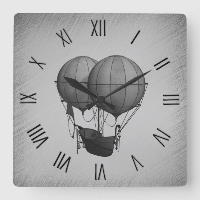 Steampunk Silver Hot Air Balloons with Ship Square Wall Clock (Front)