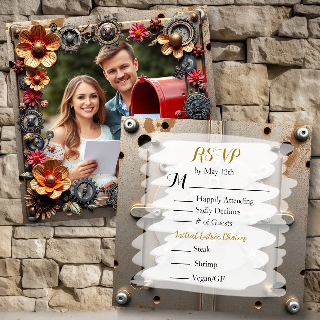 Steampunk Silver & Wood Personalized Wedding RSVP Save The Date (Creator Uploaded)