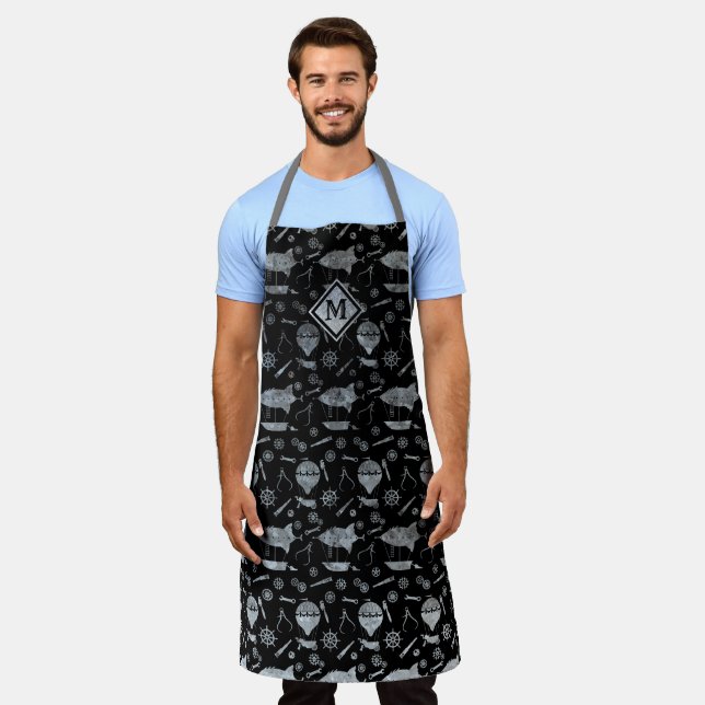 Steampunk Silver Zinc Airships Monogram Apron (Worn)