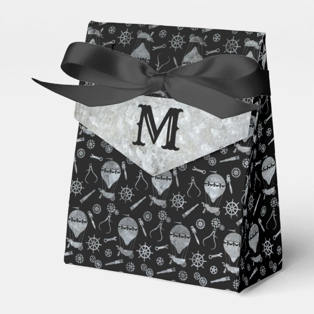 Steampunk Silver Zinc Balloons Custom Monogram Favor Box (Front Side)
