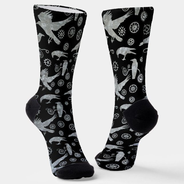 Steampunk Silver Zinc Crows and Gears Socks (Angled)