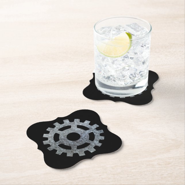 Steampunk Silver Zinc Gear VII Paper Coaster (Insitu)