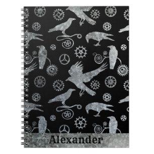 Steampunk Silver Zinc Gears and Crows Custom Name Notebook