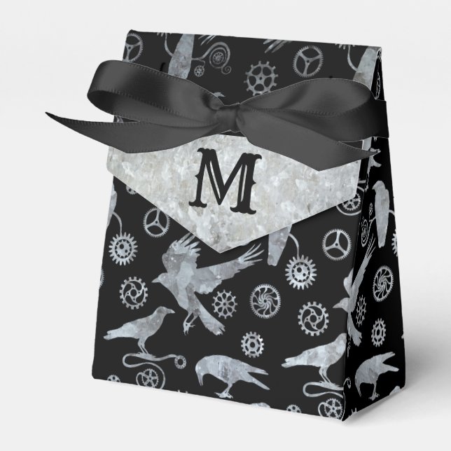 Steampunk Silver Zinc Gears and Crows Monogram Favor Box (Front Side)
