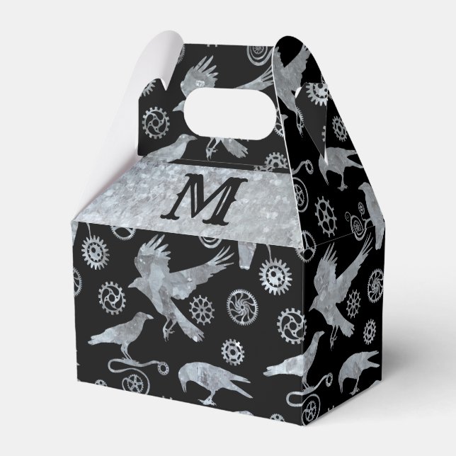 Steampunk Silver Zinc Gears & Crows Monogram Gable Favor Box (Front Side)