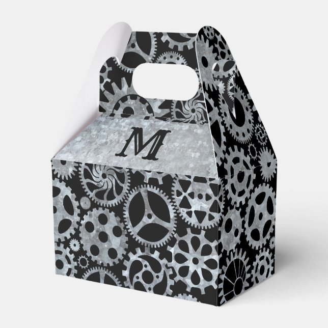 Steampunk Silver Zinc Gears Custom Monogram Gable Favor Box (Front Side)