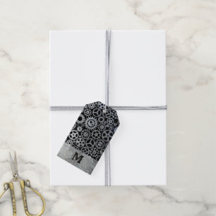 Steampunk Silver Zinc Gears Custom Monogram Gift Tags