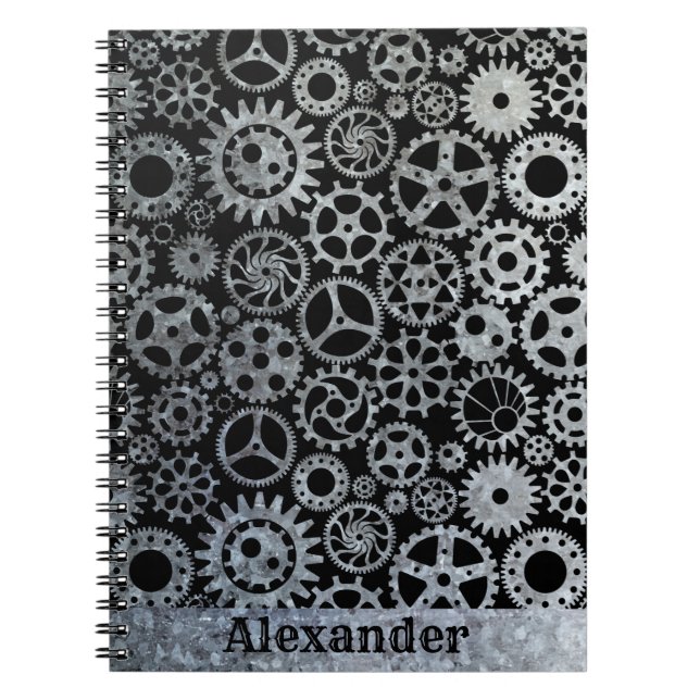 Steampunk Silver Zinc Gears Custom Name Notebook (Front)
