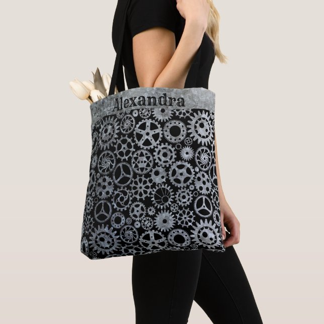 Steampunk Silver Zinc Gears Custom Name Tote Bag (Close Up)
