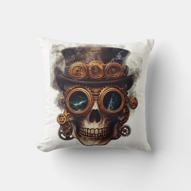 Steampunk Skull Engine Throw Pillow (Front)