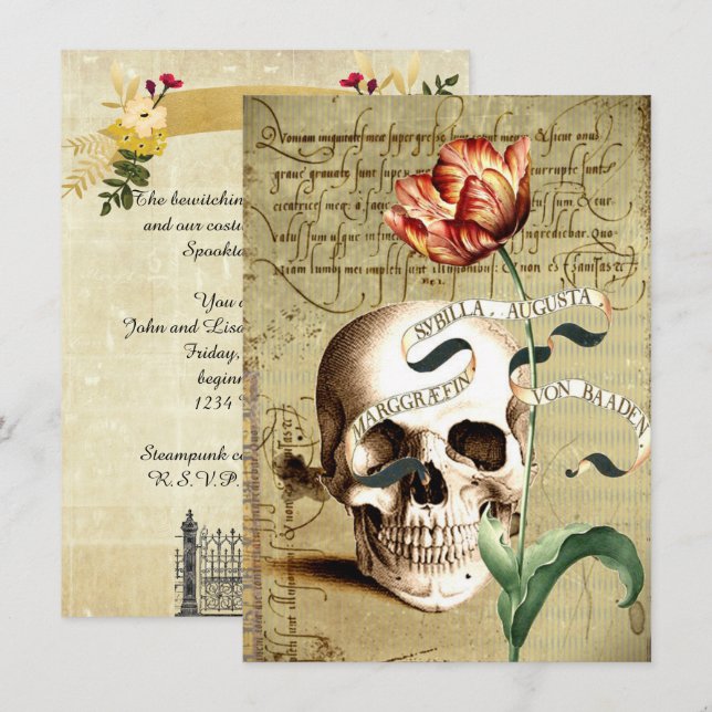 Steampunk Skull Floral Halloween 4.5" x 6.25" Invitation (Front/Back)