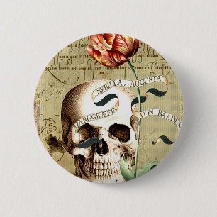 Steampunk Skull Floral Writing Halloween 2 Inch Round Button