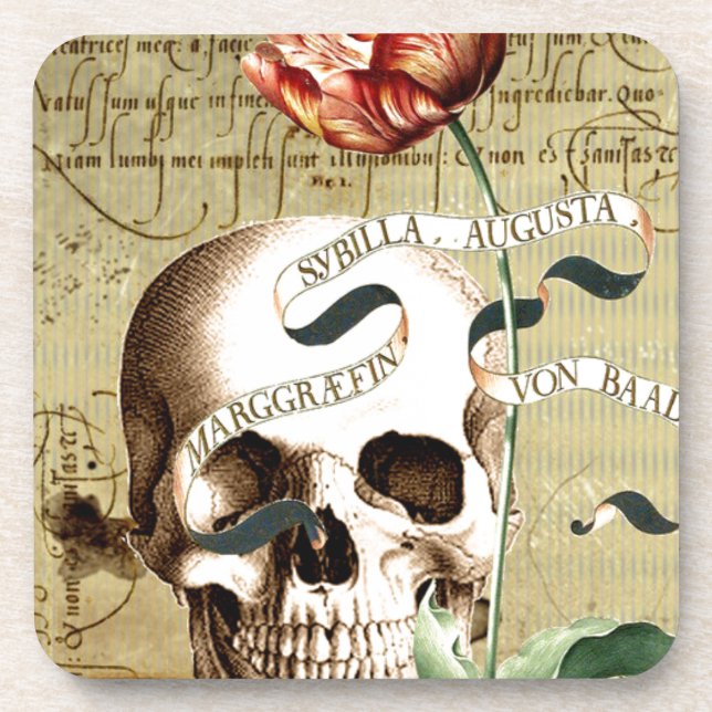 Steampunk Skull Floral Writing Halloween Coaster (Front)