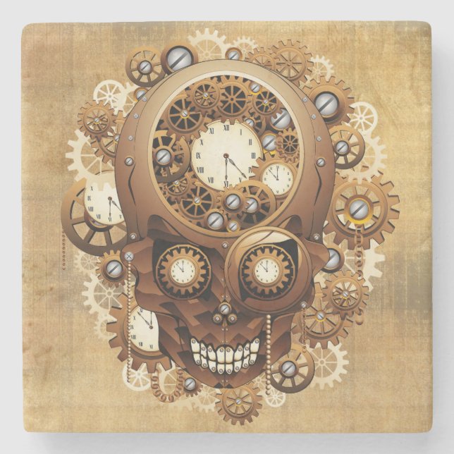 Steampunk Skull Gothic Style Stone Coaster (Front)
