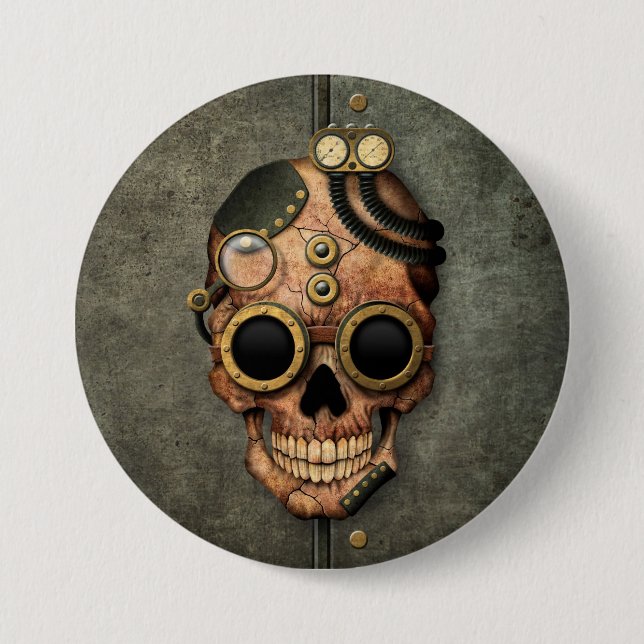 Steampunk Skull with Goggles - Steel Effect 3 Inch Round Button (Front)