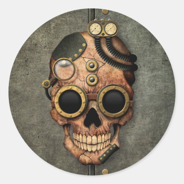 Steampunk Skull with Goggles - Steel Effect Classic Round Sticker (Front)