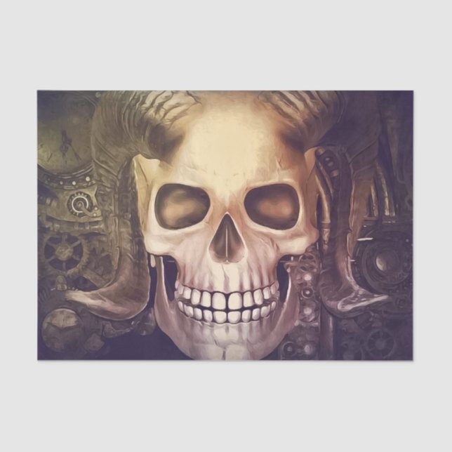 Steampunk Skull with Horns and Gears Tissue Paper (Front)
