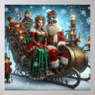 Steampunk Sled ~ Santa With Wife And Elves Poster