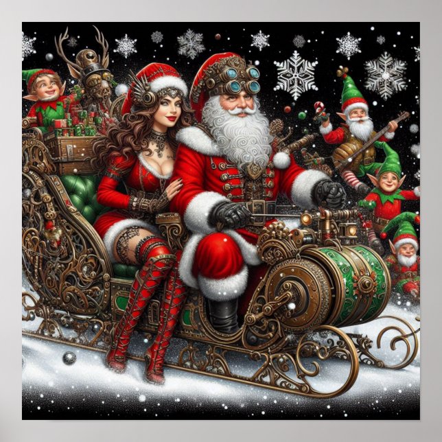 Steampunk Sled ~ Santa With Wife & Elves 02 XX Poster (Front)