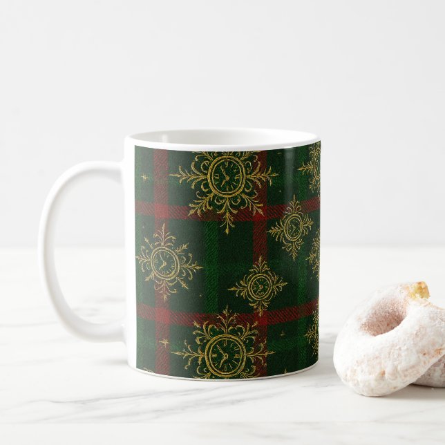 Steampunk Snowflake Red and Green Tartan Coffee Mug (With Donut)