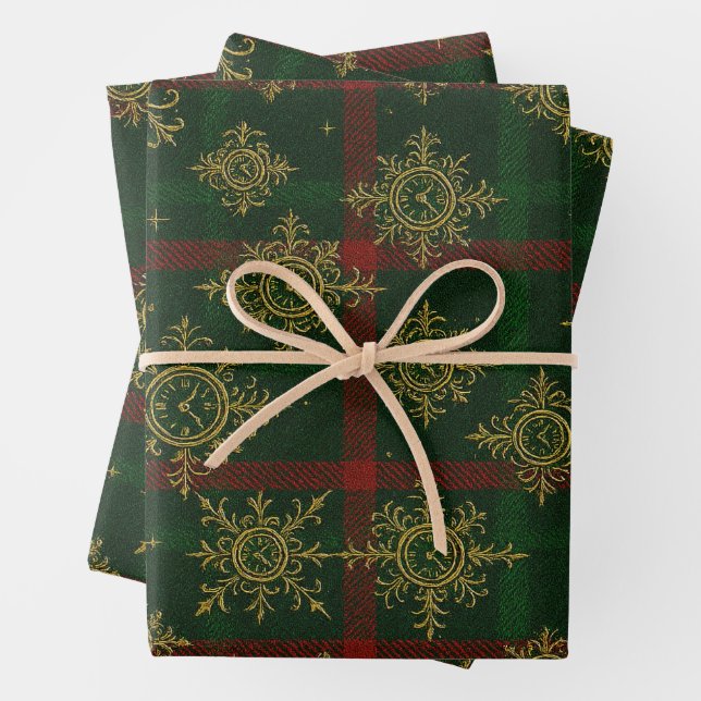 Steampunk Snowflake Red and Green Tartan Wrapping Paper Sheet (In situ)