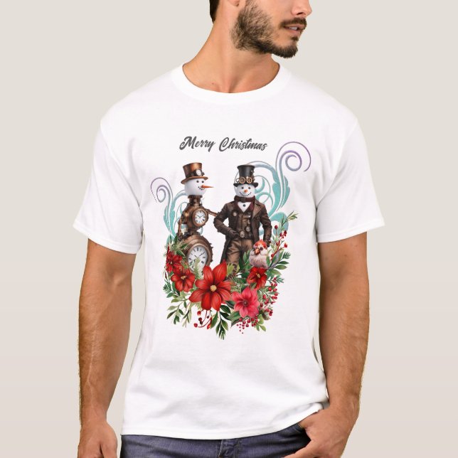 steampunk  snowman and steampunk snowwoman T-Shirt (Front)