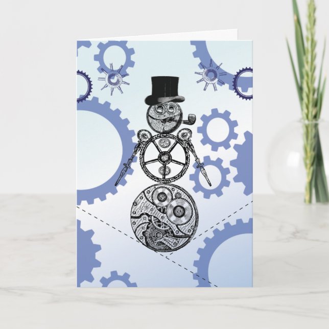 Steampunk Snowman Gearry Christmas Card (Front)