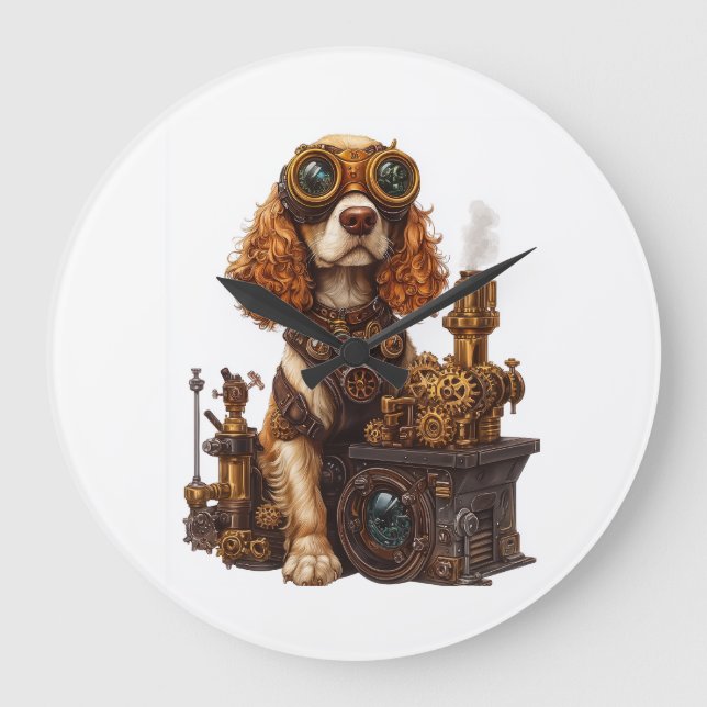 Steampunk Spaniel � Victorian Dog Inventor Large Clock (Front)