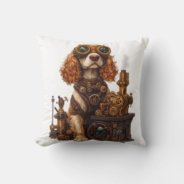 Steampunk Spaniel � Victorian Dog Inventor Throw Pillow (Front)