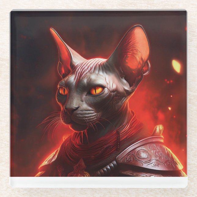 Steampunk Sphinx Cat Warrior Looking Fierce Glass Coaster (Front)