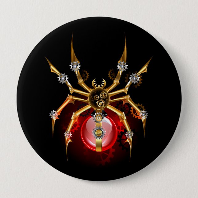 Steampunk spider on black 4 inch round button (Front)