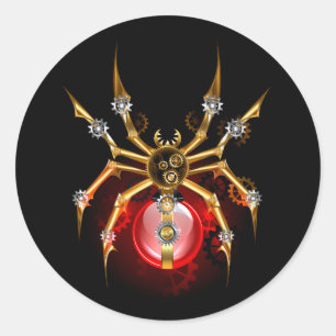 Steampunk spider on black classic round sticker