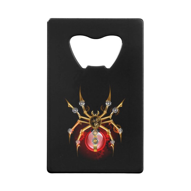 Steampunk spider on black credit card bottle opener (Front)