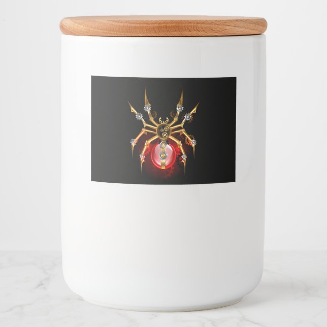 Steampunk spider on black food label (Front)