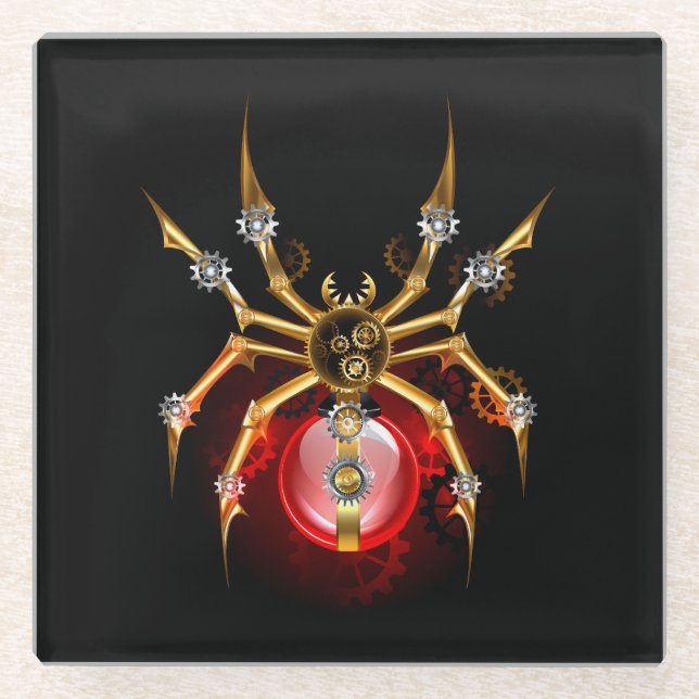 Steampunk spider on black glass coaster (Front)